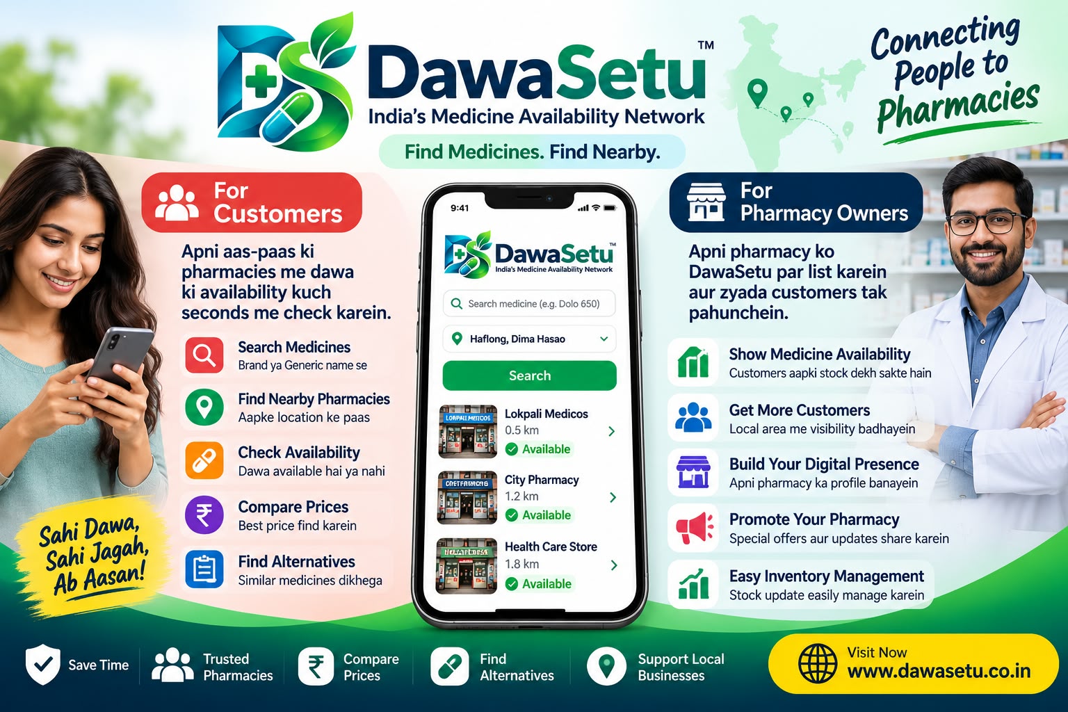 DawaSetu helps customers find nearby pharmacy availability and helps pharmacy owners reach local customers.